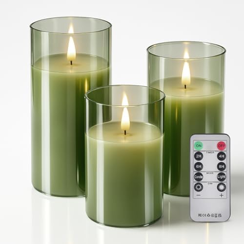 Tyawon Glass Battery Operated LED Flameless Candles with Remote and Timer, Real Wax Candles Warm Color Flickering Light for Festival Wedding Home Party Decor(Pack of 3)-Green by FlamelessCandles