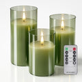 Tyawon Glass Battery Operated LED Flameless Candles with Remote and Timer, Real Wax Candles Warm Color Flickering Light for Festival Wedding Home Party Decor(Pack of 3)-Green by FlamelessCandles