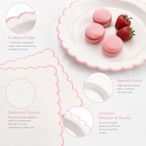 50 Pcs Pink and White Paper Plates and Napkins, 7 Inch Disposable Scalloped Plates & Napkins Party Supplies Cake Dessert Plate Tableware for Baby Shower Bridal Shower Wedding Birthday - Image 4