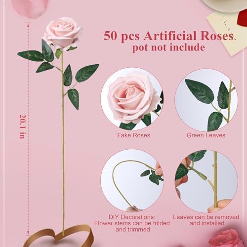 50 PCS Blush Roses Artificial Flowers, Fake Roses with Stem Realistic Silk Rose for DIY Wedding Bouquets Table Centerpieces Arrangements Baby Shower Birthday Home Decor Valentines Day Gift for Her - Image 5