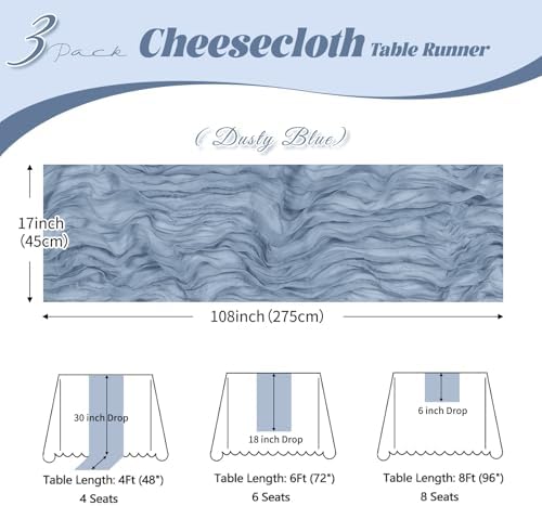 3 Pack Dusty Blue Cheesecloth Table Runner, 17 x 108 inch, Semi Sheer Boho Cheese Cloth Fabric Table Runner Bulk,for Wedding, Birthday, Party, Holiday, Home Decor (Dusty Blue) - Image 3