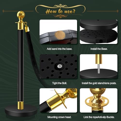 8 Pcs Black & Gold Stanchions with Velvet Ropes with 4 Pcs 5 Ft Black Velvet Ropes Carpet Ropes Posts Stanchion Set for Crowd Control Barriers for Weddings, Events, Hotels, and Party Decor - Image 6