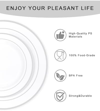 bUCLA 150-Piece Silver Disposable Dinnerware Set - White Plastic Plates with Silver Rim - Include 25 Dinner Plates, 25 Dessert Plates, 25 Forks, 25 Knives, 25 Spoons & 25 Cups for Party & Christmas - Image 6