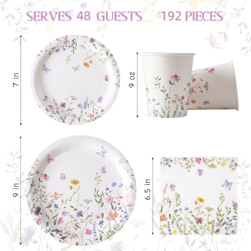 192PCS Wildflower Paper Plates and Napkins, Disposable Floral Plates for Bridal Shower, Garden Party, Wedding, Baby Shower, Afternoon Tea Party - Image 2