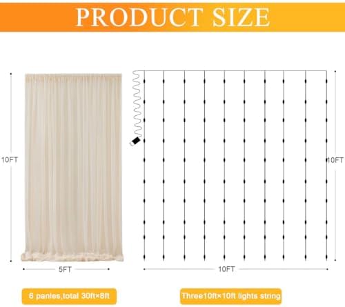Tulle Backdrop Curtain with Lights Sheer Champagne Curtain Backdrop 30x10ft - Image 3