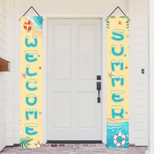BlissYard 2pcs Welcome Summer Door Banner Beach Themed Decorations Sea Star Hanging Porch Banner Summer Decor for Outside Hawaii Tropical Party Seasonal Outdoor Indoor Holiday Supplies - Image 2