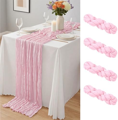 4 Pack Light Pink Cheesecloth Table Runner 10Ft, Boho Table Runners 21.5 x 120 inch,Semi Sheer Cheese Cloth Fabric Runner Bulk for Wedding,Party,Baby Shower,Bridal Shower by Yemosa