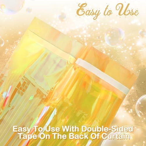 2 Pack Yellow Iridescent Streamers Backdrop, 3.3x6.6ft Foil Fringe Curtains Gold Holographic Door Tinsel Streamers for Birthday, Wedding, Holiday, Bachelorette, Theme Party Decorations - Image 6