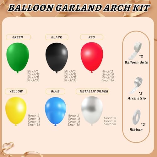 412Pcs Red Blue Yellow Green Black Balloon Arch Garland Kit, 18 12 10 5 Inch Different Size Latex Balloons for Birthday, Video Game Themed Party - Image 2