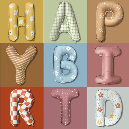 Neutral Vintage Happy Birthday Balloons Banner - Fabric Texture Inspired Mylar Foil Signs, Retro Plaid & Floral Designs, Boho Party Decorations for Kids & Adults Birthday, Old Money Aesthetic - Image 3