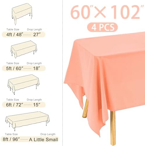 4 Pack Rectangle Tablecloth for 6 Foot Tables Washable Polyester Table Cover for Wedding Dining Table Parties Banquet（60x102 Peach Coral） - Image 2