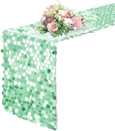 Pufogu 12 x 108 Inch Sequin Table Runner,Mint Green Glitter Premium Big Sequin Table Runner, Rectangle Table Runners for Halloween, Christmas, Wedding Party, Birthday Party, Banquet Decor (1 Pack). by Pufogu