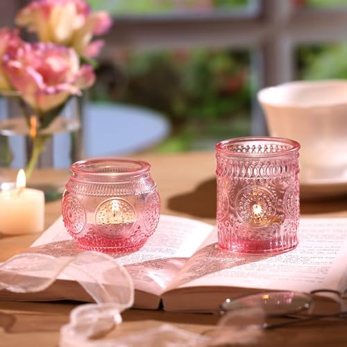DARJEN 24Pcs Pink Votive Candle Holders- Glass Candle Holders Bulk for Flameless LED Tea Waxes, Romantic Candle Holder for Wedding Decor, Various Parties & Dinner Table (Pack of 3) - Image 4