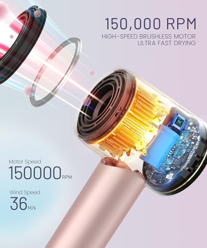 Cosy Companions High-Speed Ionic Hair Dryer, 150000 RPM Brushless Motor for 2-5 Min Fast Drying, Low Noise Blow Dryer Reduces Frizz & Heat Damage, Lightweight Hair Dryer with Diffuser & Nozzle, Pink - Image 2
