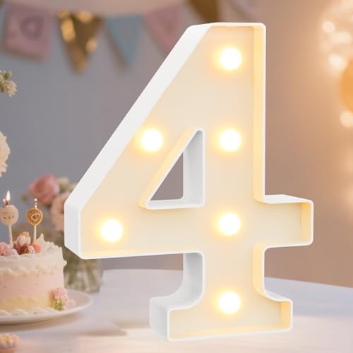 Decorative Led Light Up Number Letters, White Plastic Marquee Number Lights Sign Party Wedding Decor Battery Operated Number (4) by Pooqla