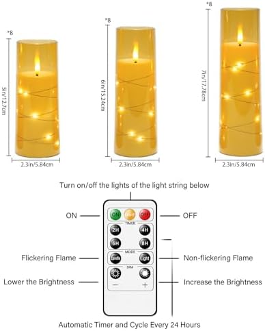 Nimiko Flickering Flameless LED Candles,Battery Operated Candles 24 Pcs with Embedded Star String,Acrylic LED Pillar Candles with Remote,Suitable for Home Decoration to Create an Atmosphere (Gold) - Image 2