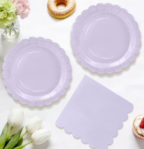 HEIPINIUYE 50 Pcs Light Purple Paper Plates and Napkins Party Supplies Include 7'' Lavender Scalloped Plates and 6.5'' Paper Napkins Disposable Tableware Set for Wedding Birthday Party (Serves 25) - Image 2