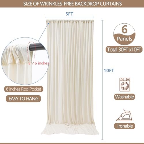 30x10ft Wrinkle Free Ivory Backdrop Curtain for Parties Soft Fabric Drapes Wedding Ivory Curtain Backdrop for Birthday Party Decorations Background for Photography 5x10ft,6 Panels - Image 3