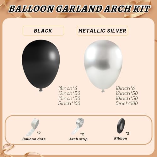 412Pcs Black and Silver Balloons Arch Kit, Latex Balloons Different Sizes 18 12 10 5 Inch for Birthday, Wedding, Graduation, Anniversary Decorations - Image 3
