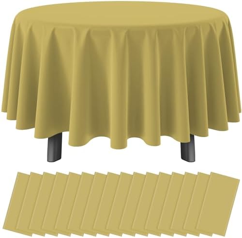 16 Pack Gold Plastic Tablecloth for Round Tables, Premium Decorative Gold Disposable Table Cloths for Parties, Bulk Round Party Table Cover for Birthday Wedding Anniversary Graduation, 84 Inch by RAGNHILD
