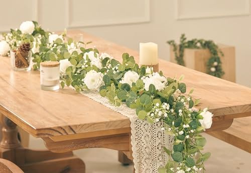 Anna's Whimsy 5.91FT Artificial Eucalyptus Garland with Flowers, Fake Flower Rose Gypsophila, Faux Floral Greenery Garland for Wedding Spring Home Party Craft Art Table Runner Decor - Image 5
