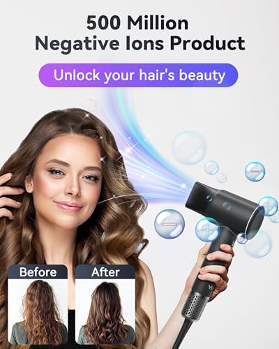 Hair Dryer Ionic Blow Dryer with Diffuser for Curly Hair, 1500W High-Speed Brushless Motor with 150,000 RPM, Fast Drying Low Noise Thermo-Control Hairdryer with Nozzle for Home Travel (Black) - Image 3