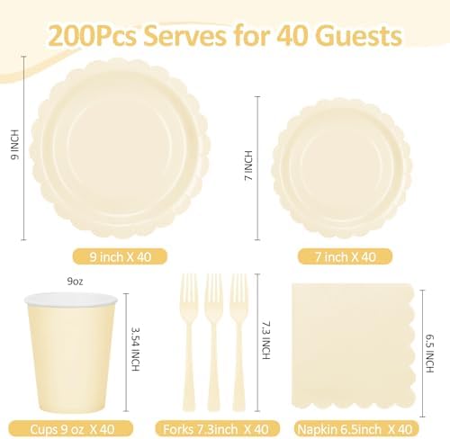 200Pcs Ivory Paper Plates and Napkins, 9’’and 7’’ Disposable Scalloped Cream Party Plates Cups Napkins Forks Set Party Supplies for Baby Shower Bridal Shower Birthday Party Decorations, Serves 40 - Image 2