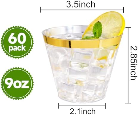 I00000 60 Pack Gold Plastic Cups, 9 OZ Elegant Gold Rimmed Plastic Cups - Image 2