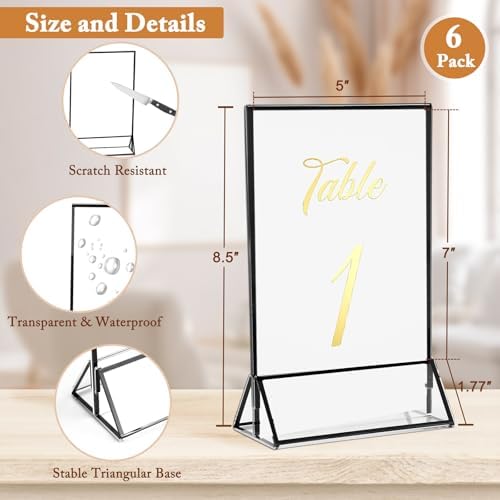 Floroom 6 Pack 5x7 Inch Clear Acrylic Sign Holders, Black Border Double-Sided Vertical Picture Frames & Display Stands for Table Numbers, Photos, Menus, Flyers, Weddings, Parties & Events - Image 2