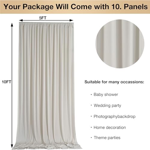 50ftx10ft Wrinkle Free Beige Backdrop Curtains for Parties, Silky Polyester Photo Backdrop Drapes 10 Panels 5x10ft Back Drop Cloth for Wedding Birthday Baby Shower Photography Background - Image 5