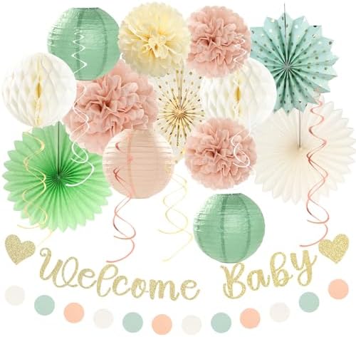Sage-Green Blush-Beige Baby Shower Party-Decorations - 21pcs Girls Welcome Baby Banner,Light Dusty Pink Paper Lanterns Pom Poms,Safari Woodland Boho Neutral Streamers Garland Decor Favors Huglony by Huglony