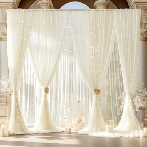 30ft x 10ft Ivory Backdrop Curtain with Lights String for Parties, Sheer Tulle Wedding Photo Backdrops Drapes for Baby Shower Birthday Party Decorations Background for Photography - Image 4
