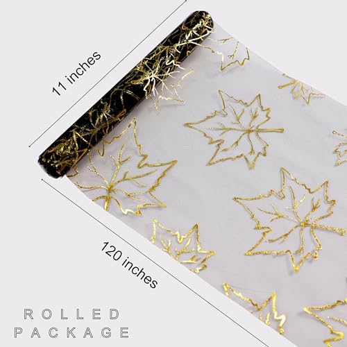 Snowkingdom Fall Table Runners, Gold Maple Leaves Thanksgiving Table Decorations for Autumn Harvest Sequin Glitter Lightweight Black Thin Mesh Sparkle Farmhouse Dining Party Decor 120 Inch - Image 4
