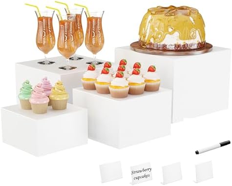 Metal Buffet Risers,4PCS Food Risers for Buffet Table 5in to 8in Display Stand with Mini Acrylic Signs for Catering Dessert Collectibles Jewelry Figures Show Grayish White Cube Boxes Nesting Risers with Hollow Bottoms by YFEEN