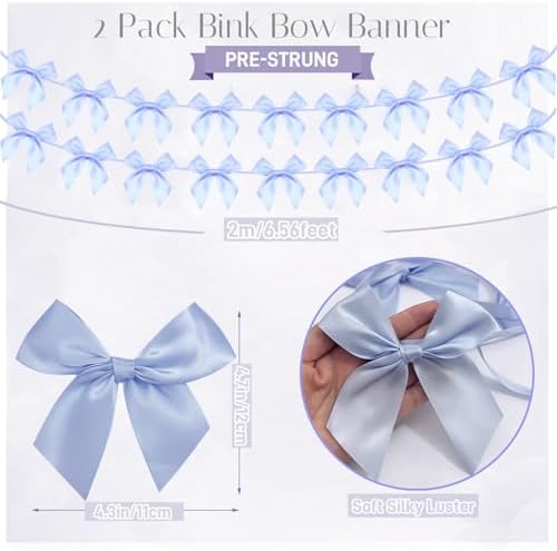2pcs Bow Garland Banner, Ribbon Bow Party Decorations for Baby Shower Girls Bow Coquette Birthday Party Decor (Blue) - Image 3