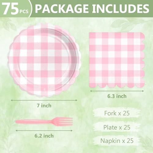 Mulbozy 75 Cute Pink Gingham Paper Plates and Napkins for Party, 25-7" - Image 2