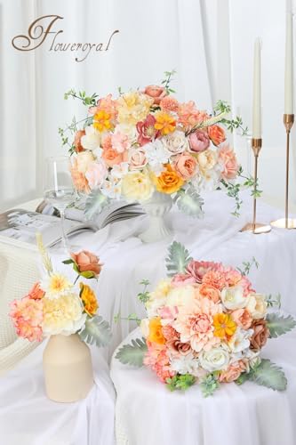 Floweroyal Artificial Flowers Combo Champagne Flowers Mix Silk Flowers Dahlia Roses with Stems for DIY Wedding Bridal Bouquets, Baby Shower, Floral Arrangement, Table Centerpieces, Home Decorations. - Image 4