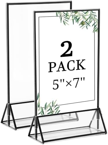 Floroom 2 Pack 5x7 Inch Clear Acrylic Sign Holders, Black Border Double-Sided Vertical Picture Frames & Display Stands for Table Numbers, Photos, Menus, Flyers, Weddings, Parties & Events by Floroom