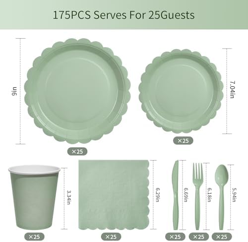 Goodluck 175 PCS Sage Green Paper Plates Set, 25 Guest Green Party Supplies - Image 2