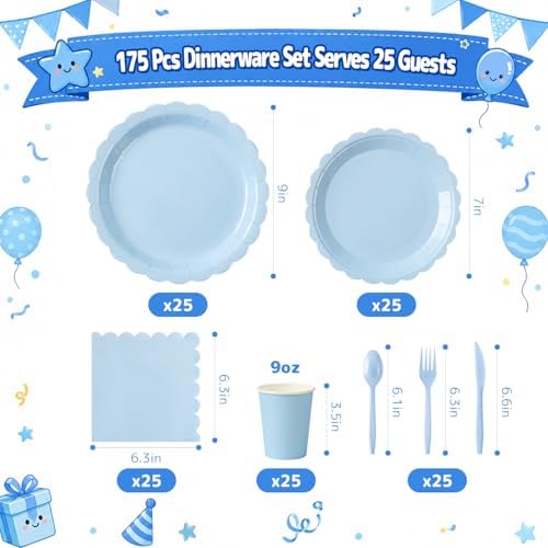 175 Pcs Light Blue Paper Plates and Napkins Disposable Tableware, Serve 25 - Image 2