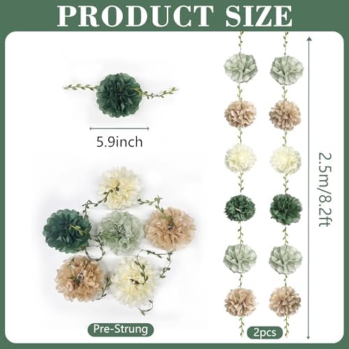 Sage Green Beige Party Decorations Tissue Paper Flowers Pom Pom with Leaf Ribbon Hanging Garland Streamer for Neutral Birthday Wedding Bachelorette Safari Jungle Woodland Party Supplies - Image 2