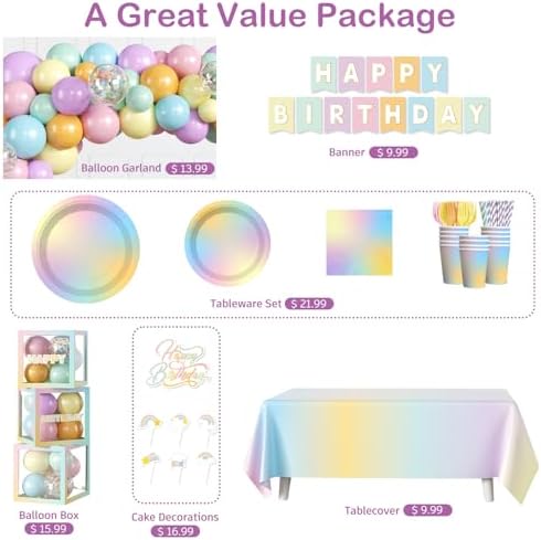 Pastel Rainbow Birthday Decorations Rainbow Theme Banner Balloon Arch Garland Streamer Backdrop, Pastel Rainbow Plates and Napkins with 2 Pcs Pastel Table Cloths - Image 3