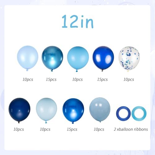 100pcs Blue Balloons Set - 12inch Metallic Chrome, Pearl, Navy & Pastel Royal Dusty Blue Balloons for Birthdays, Father's Day, 2026 Graduation Party Decorations (2 Ribbons) - Image 2