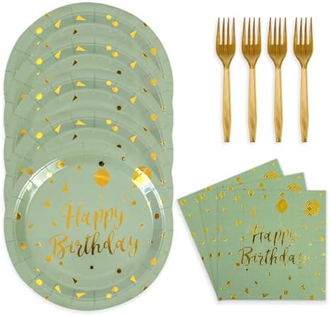 48PCS Happy Birthday Plates and Napkins Party Supplies, Sage Green and Gold Disposable Paper Plates and Napkins with Forks Tableware Set for Birthday Party Decorations 16 Guests (Sage Green) by KFJBPB