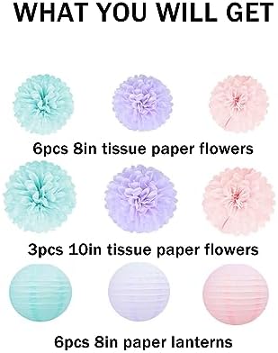 Blue Pink Purple Party Decorations - 15Pcs Tissue Pom Poms Paper Flowers Paper Lanterns Mermaid Birthday Party Baby Shower Lavender Wedding Hanging Decor - Image 2