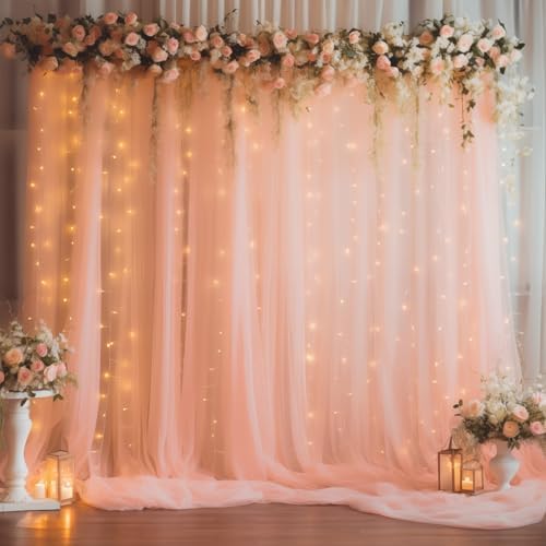 10ft x 10ft Peach Backdrop Curtain Panels with Lights String for Parties, Sheer Tulle Wedding Photo Backdrops Drapes for Baby Shower Birthday Party Decorations Background for Photography by Shillance