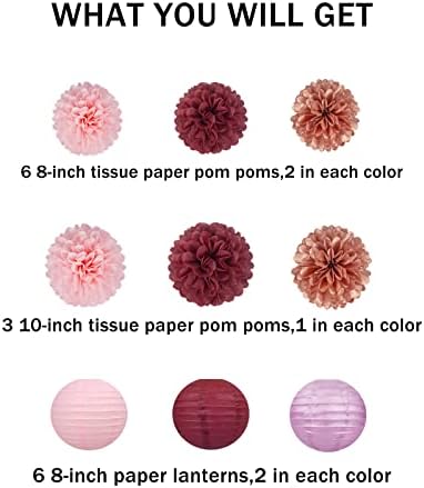 Rose-Gold Pink Burgundy Party Decorations - 15Pcs Tissue Pom Poms Paper Flowers Paper Lanterns Girl Birthday Baby Bridal Shower Bachelorette Engagement Wedding Mothers Day Valentines Galentines Decor - Image 2
