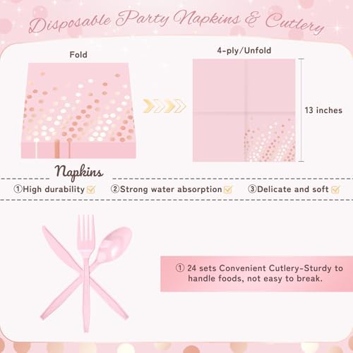 Pink Rose Gold Dots Party Plates,168PCS Birthday Tableware Party Supplies - Image 4