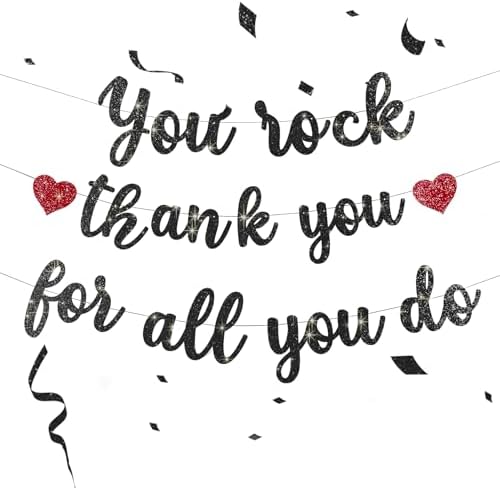 Pre-Strung You Rock Thank You For All You Do Banner - Glitter Employee Appreciation Decorations, Staff Teacher Nurse Recognition Party Supplies, Retirement Office Decor Sign, Large Cardstock Garland (Black) by Unknown