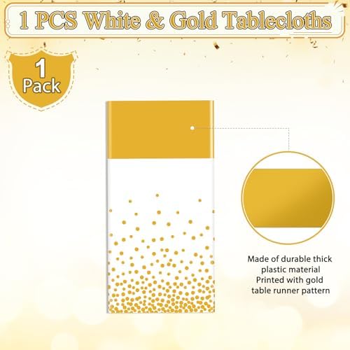 1Pcs White and Gold Tablecloth Party Decorations,Plastic White Table Cloth Printed Gold Table Runner Disposable Rectangle Tables Cover for Birthday Wedding Anniversary Graduation Party,54 x108 Inch - Image 2